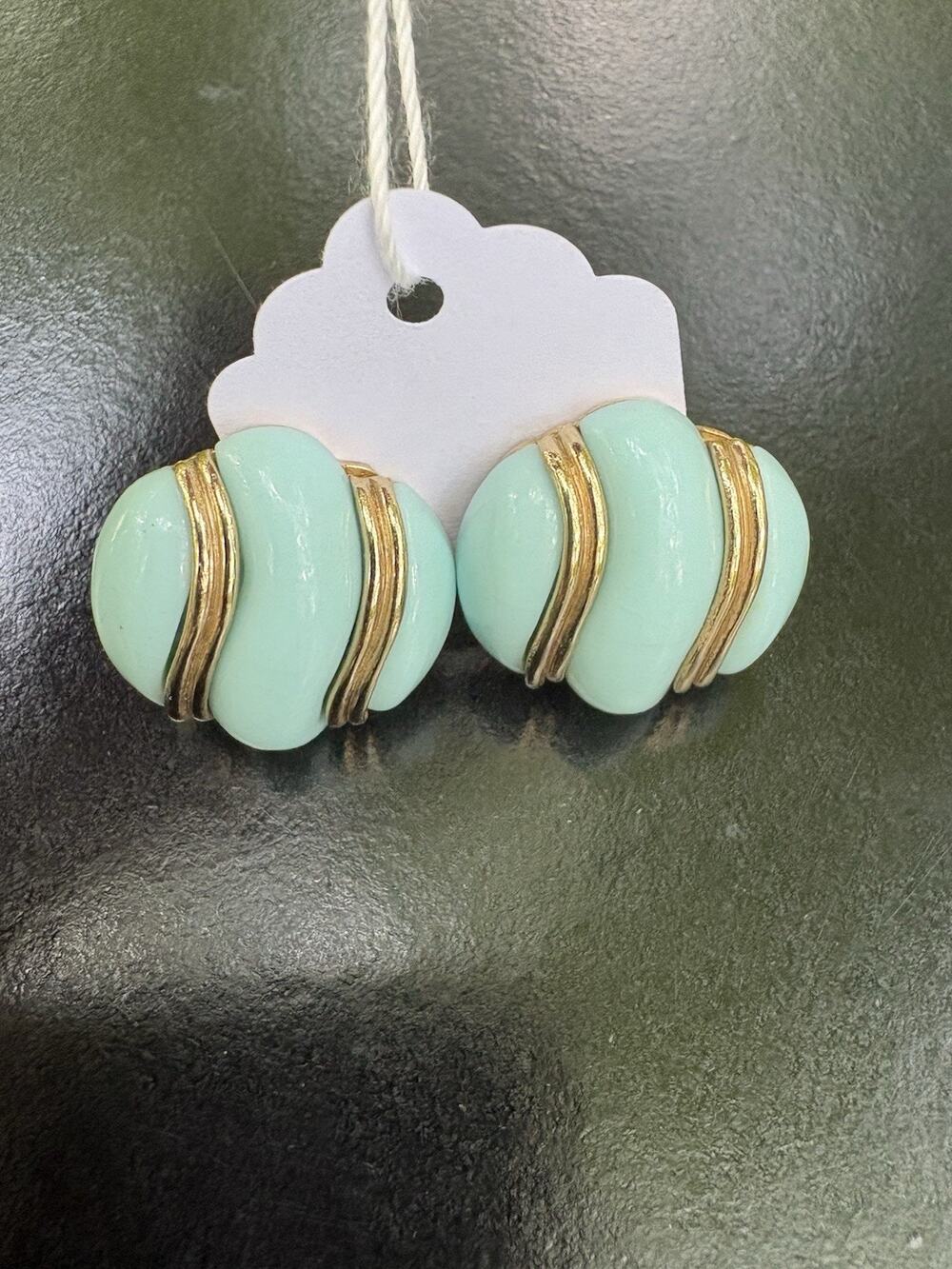 Vintage Estate Trifari gold-tone and mint green ribbed clip-on earrings